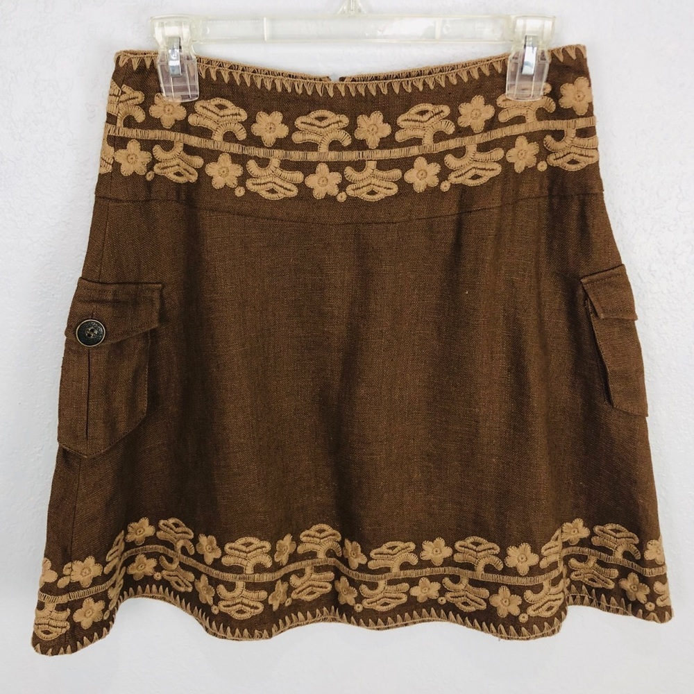 BROWN HIGH WAISTED EMBROIDERED FESTIVAL SKIRT